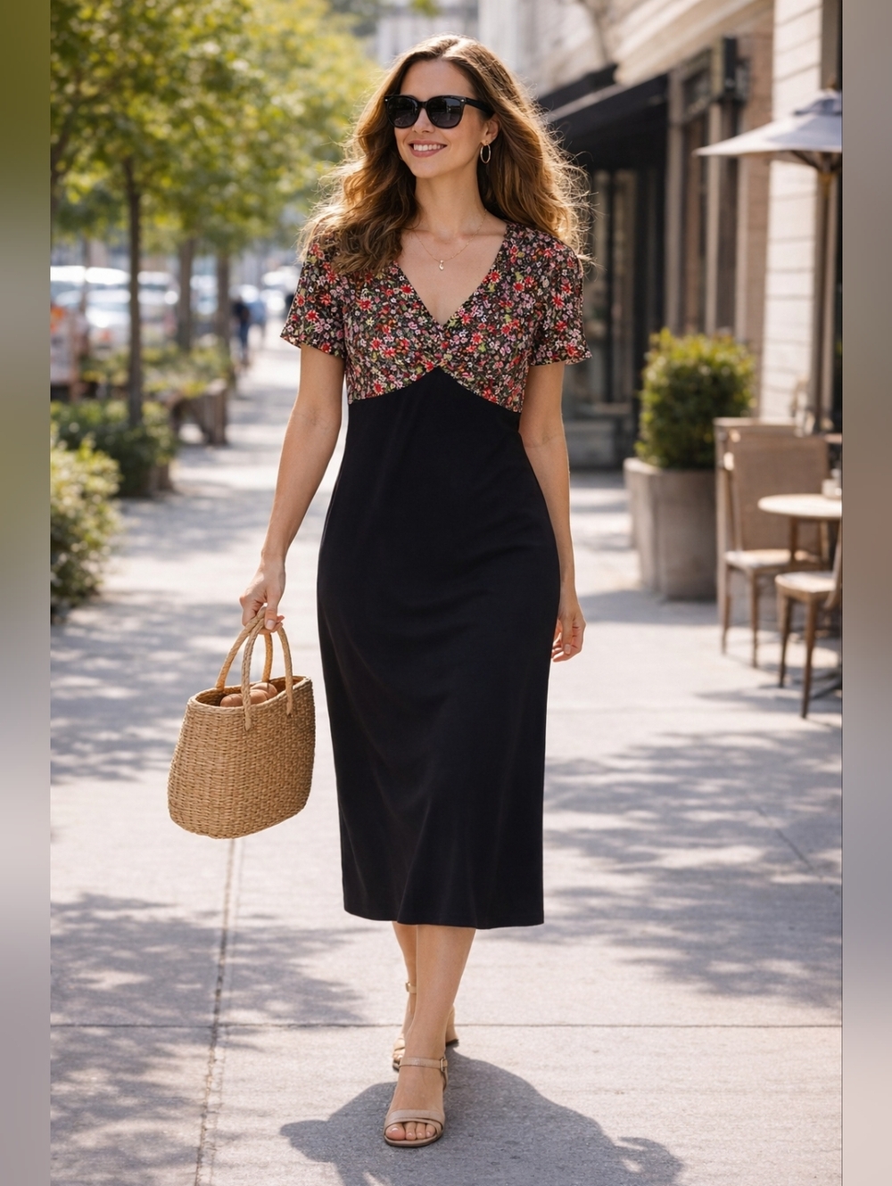 Tianna B. Women’s Size Large Floral Print Top Black Midi Dress